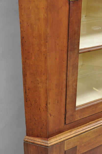 Antique Colonial Primitive Cherry Wood Glass Front Corner China Cabinet Cupboard