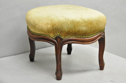 Antique Victorian Carved Mahogany Green Mohair Fabric Round Footstool Ottoman