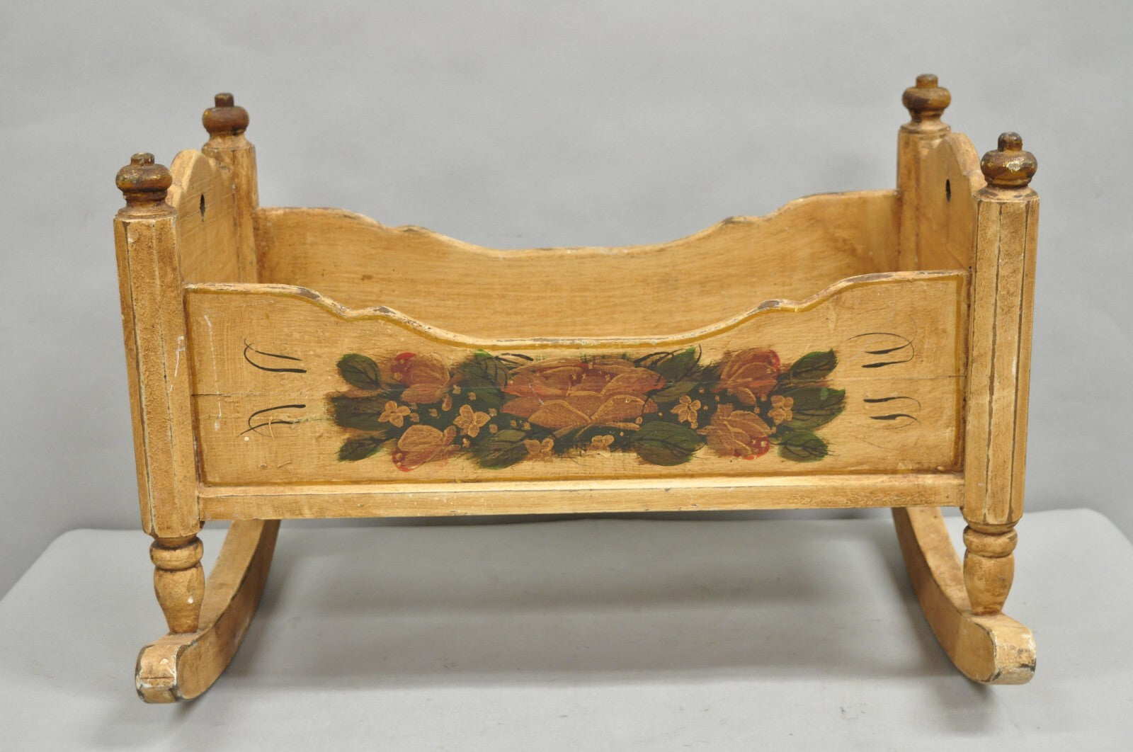Antique Colonial Figural Painted "1820" Wooden Baby Doll Cradle