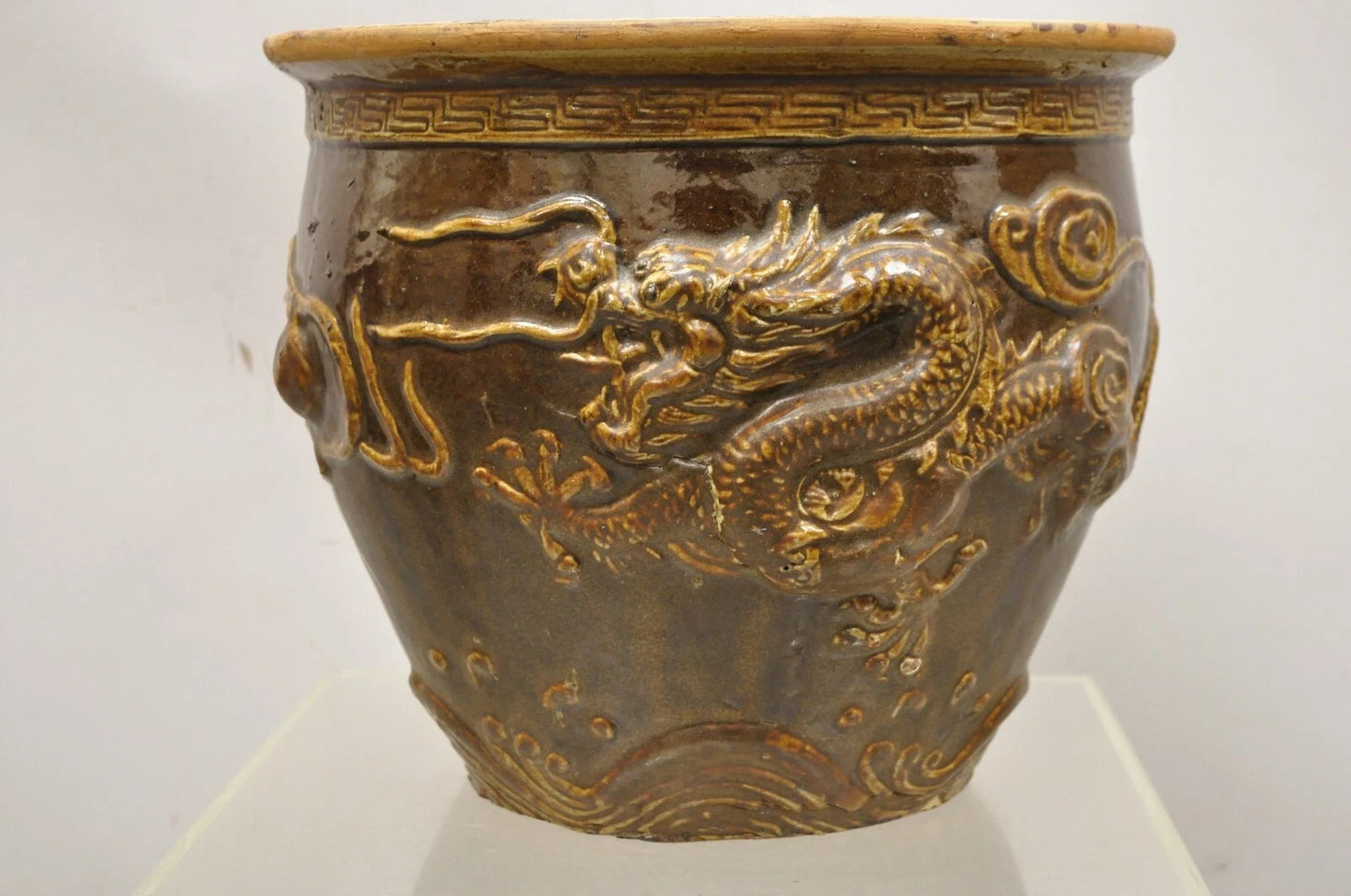 Antique Chinese Brown Glazed Ceramic Pottery Dragon Cachepot Jardinière - Pair