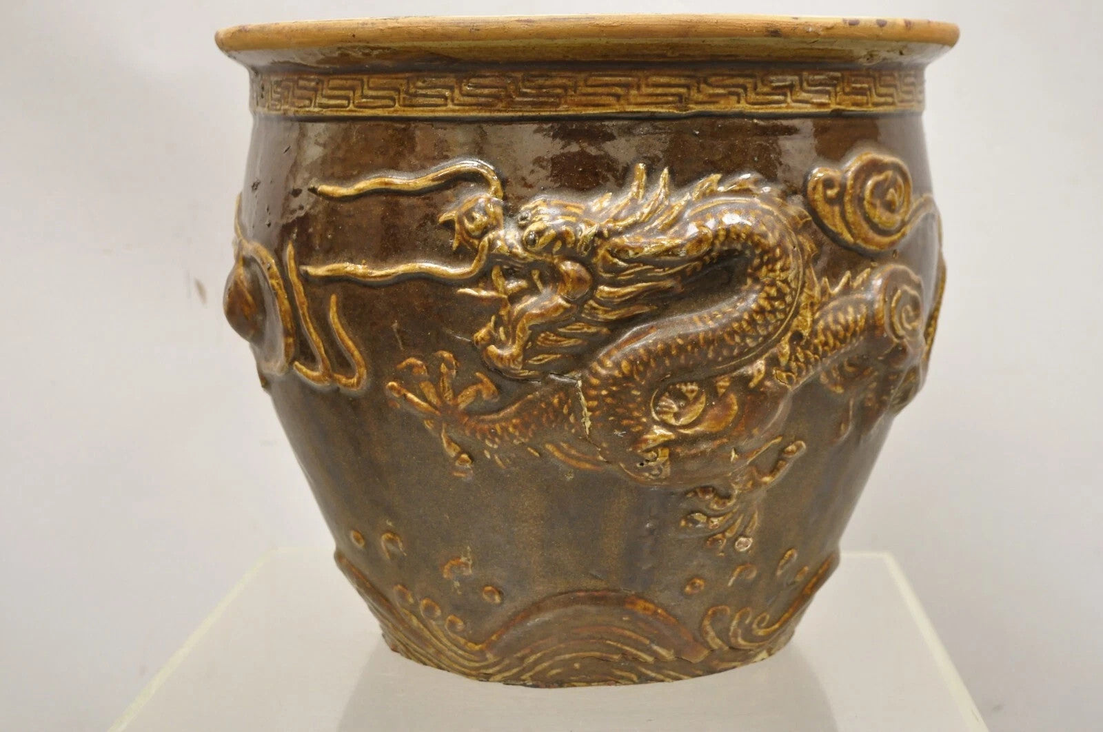 Antique Chinese Brown Glazed Ceramic Pottery Dragon Cachepot Jardinière - Pair