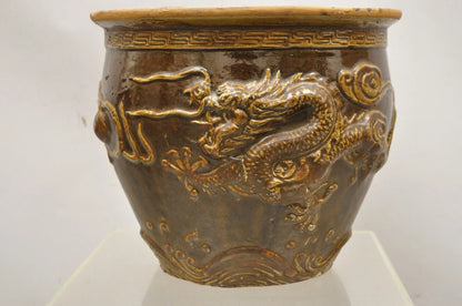 Antique Chinese Brown Glazed Ceramic Pottery Dragon Cachepot Jardinière - Pair
