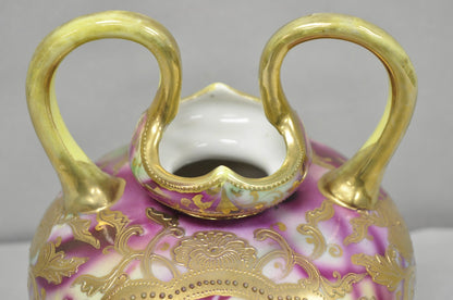 Antique Austrian Hand Painted Moriage Porcelain Double Swung Handle Bulbous Vase