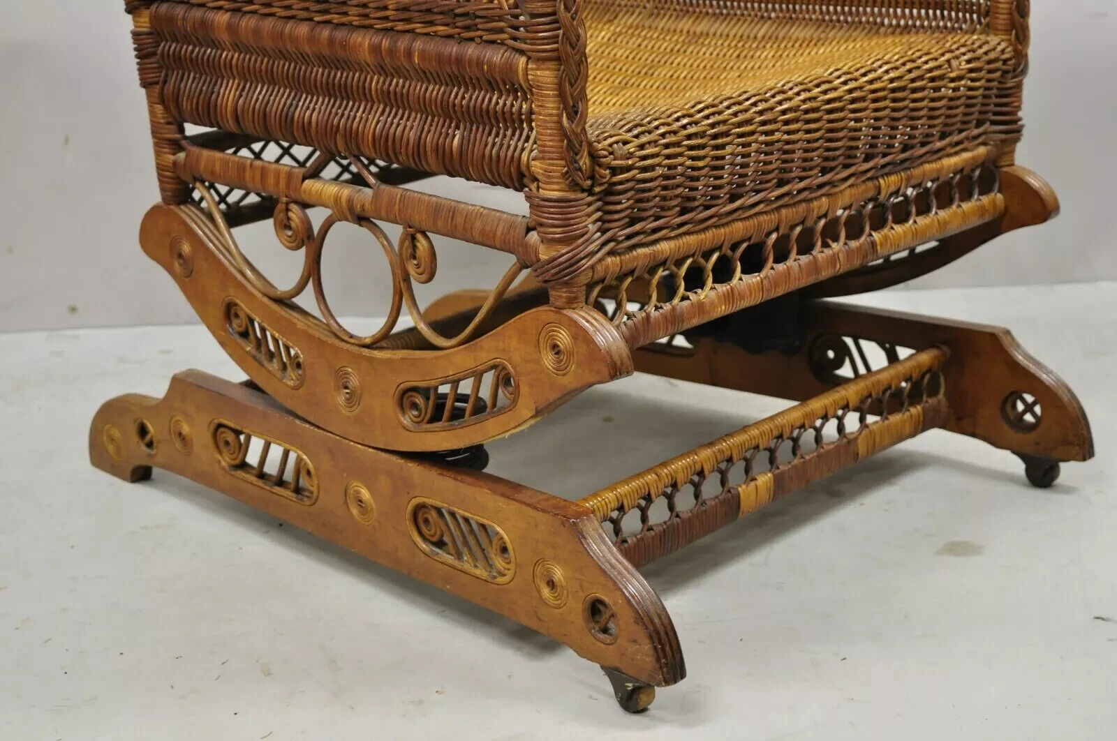 Antique Heywood Wakefield Victorian Woven Wicker Platform Rocker Rocking Chair