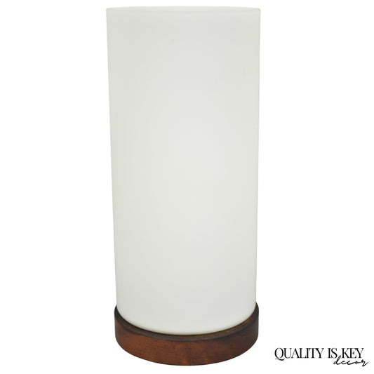 Vintage Mid Century Swedish Modern Frosted Glass Cylinder Small Teak Table Lamp