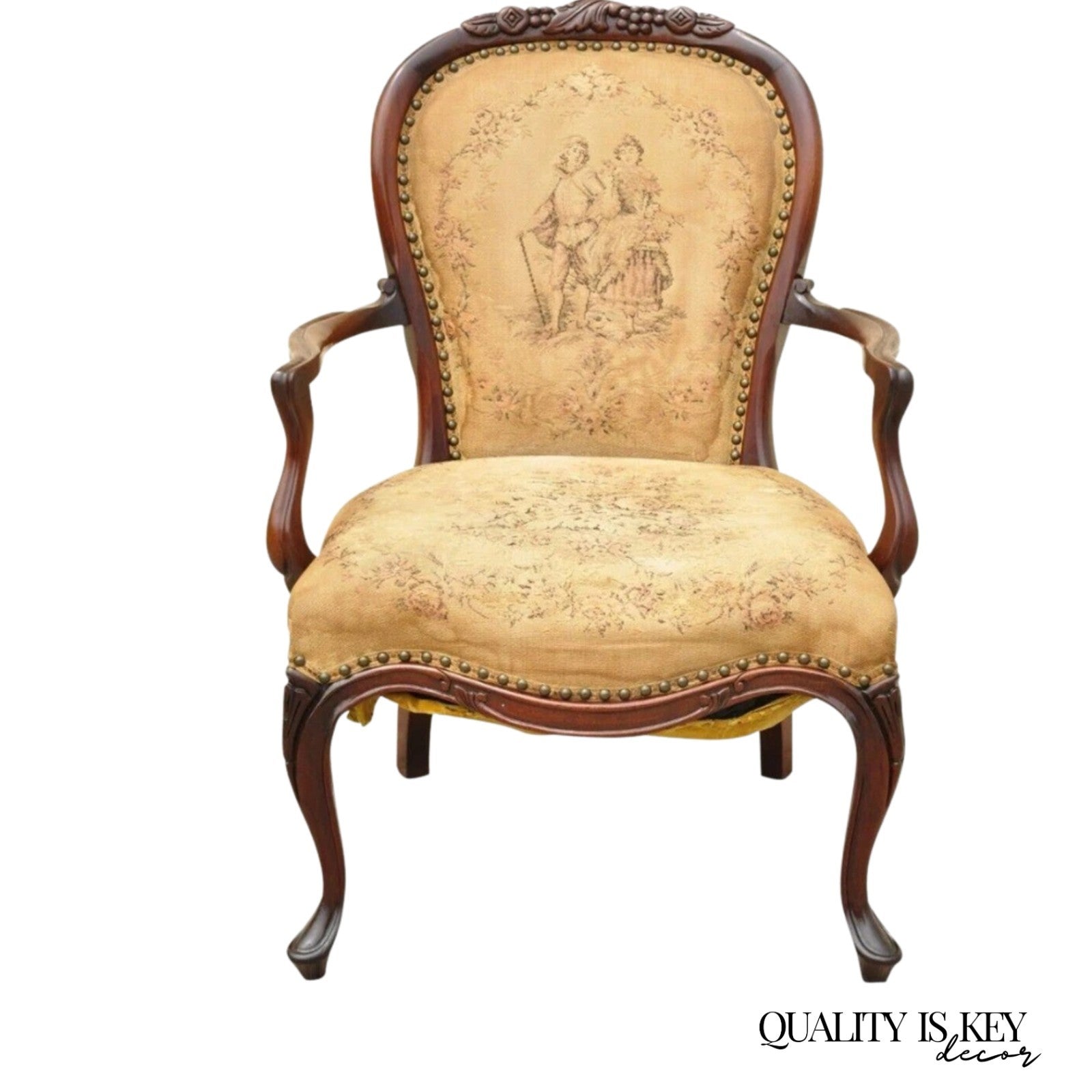 Vintage French Victorian Style Carved Mahogany Frame Lounge Parlor Arm Chair