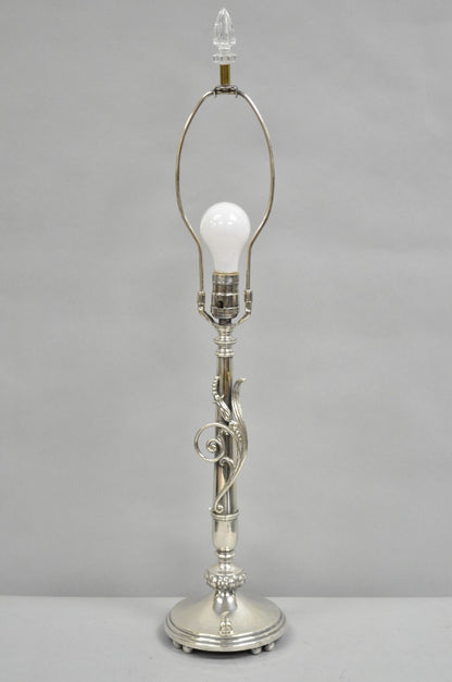 Antique French Art Nouveau Silver Plated Scrollwork Column Small Table Lamp