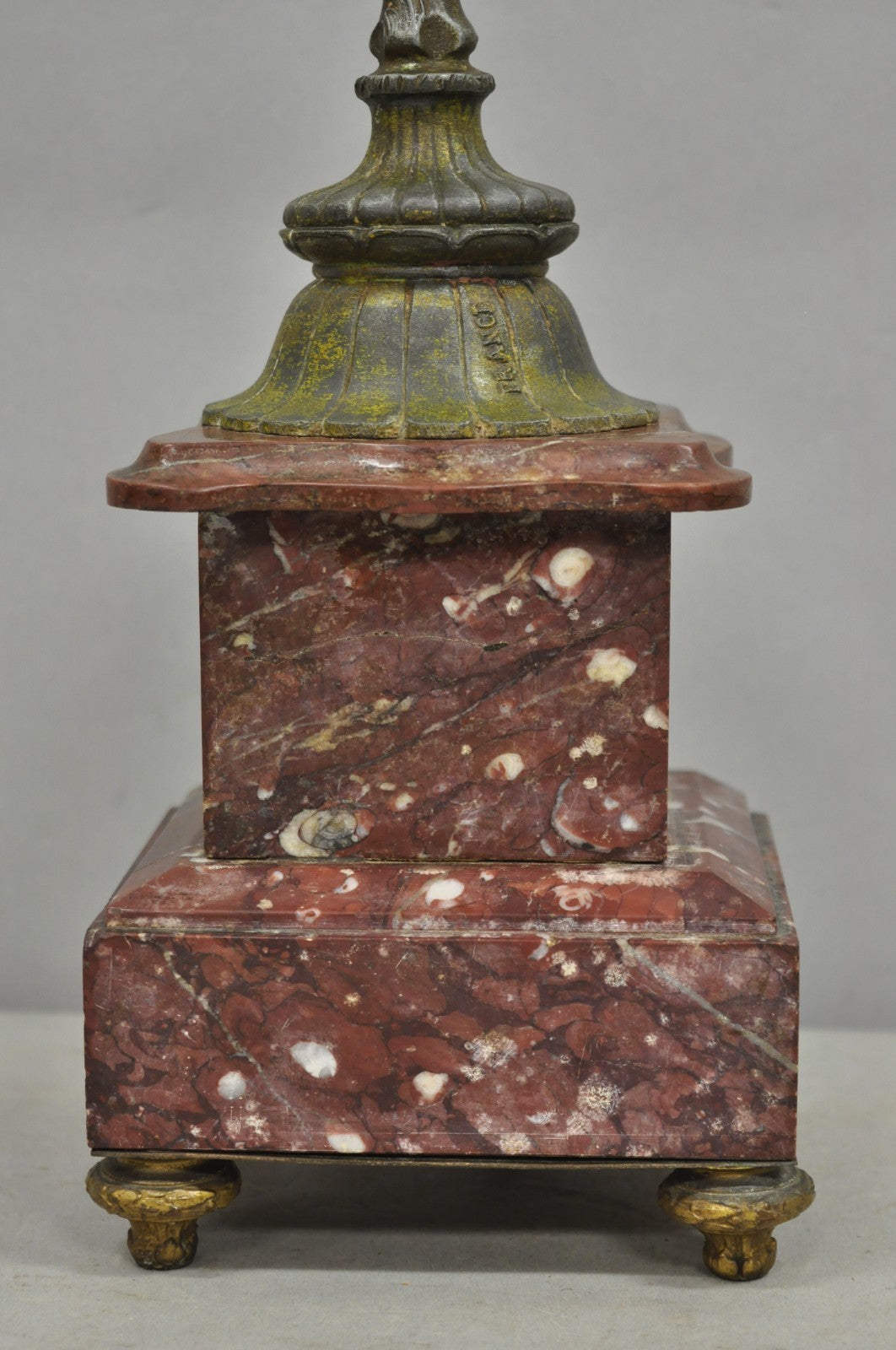 Antique French Neoclassical Bronze Torch & Trumpet Arm Marble Base Table Lamp
