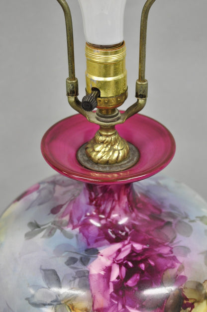 Antique French Paris Porcelain Hand Painted Flowers Bulbous Vase Table Lamp