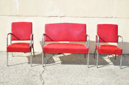 Vintage Art Deco Steel Metal Red Loveseat & Pair Lounge Chairs - 3pc Set by Yale