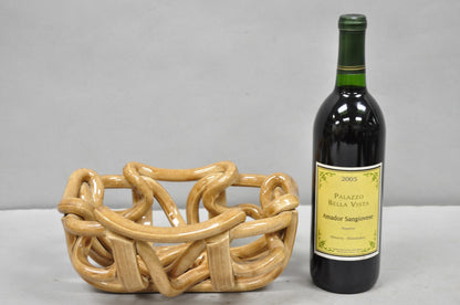 Vintage Modernist Brown Woven Pottery Clay Creations Ceramic Fruit Bowl Basket