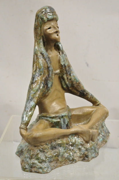 Mid Century Modern 1960s Glazed Ceramic Pottery Meditating Elder Woman Sculpture