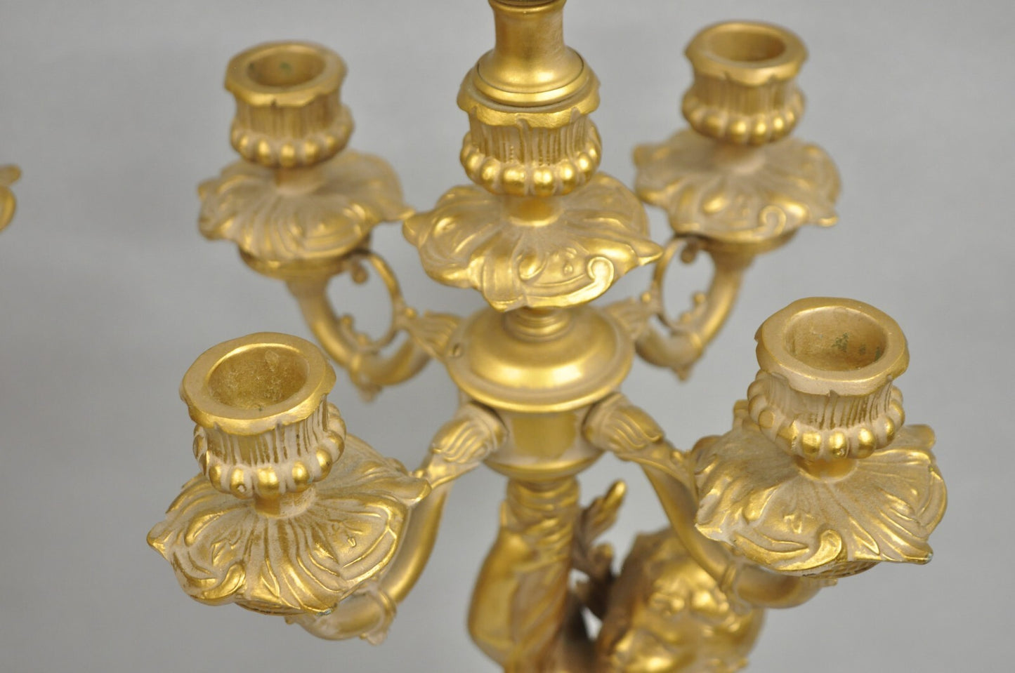 Vintage French Renaissance Louis XV Gold Cherub Candelabra Table Lamps - a Pair