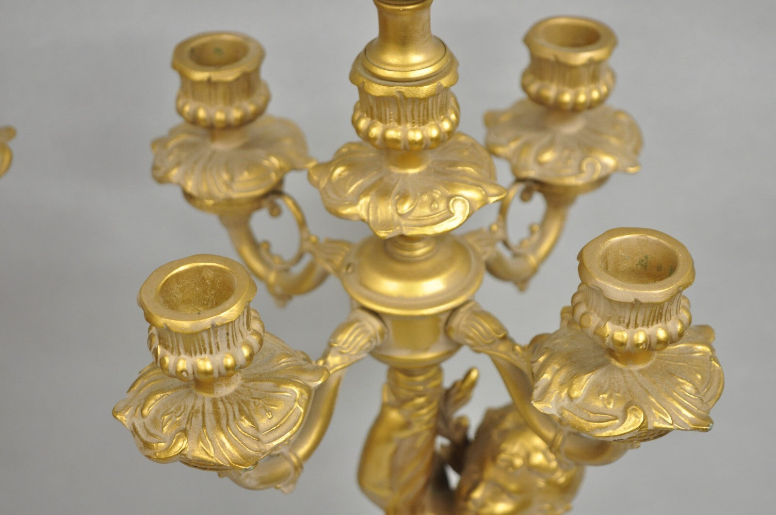 Vintage French Renaissance Louis XV Gold Cherub Candelabra Table Lamps - a Pair