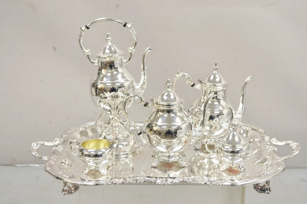 Vintage FB Rogers Victorian Silver Plated Tea Set with Tilting Pot - 6 Pcs