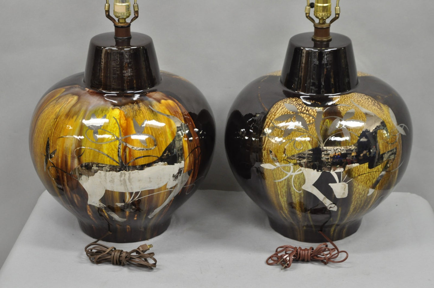 Mid Century Modern Sunset Cosco Ram Brown Drip Glaze Pottery Table Lamps Pair B