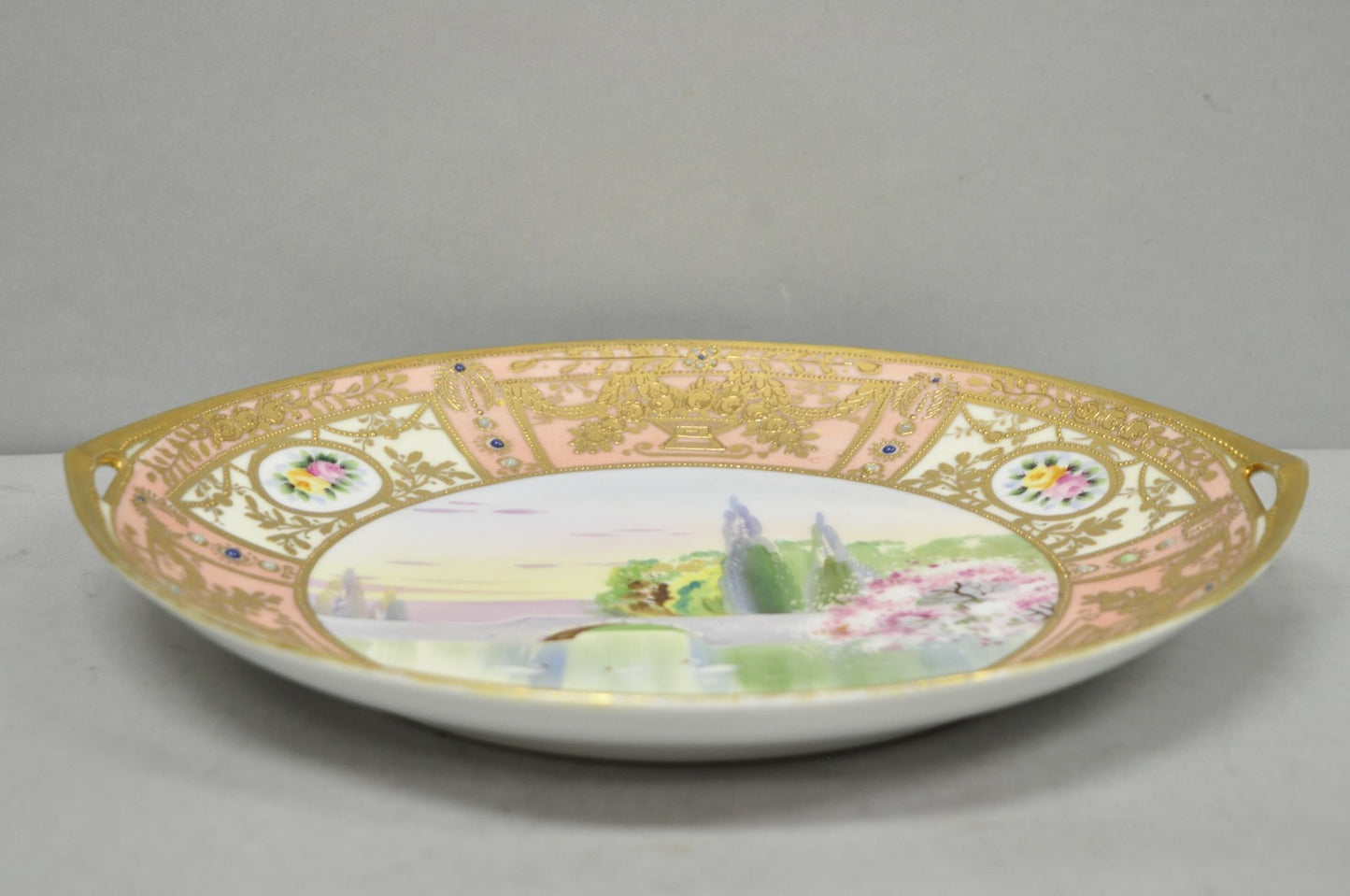 Antique Nippon Hand Painted Porcelain Gold Gilt Swan & Lake Scene Cabinet Plate