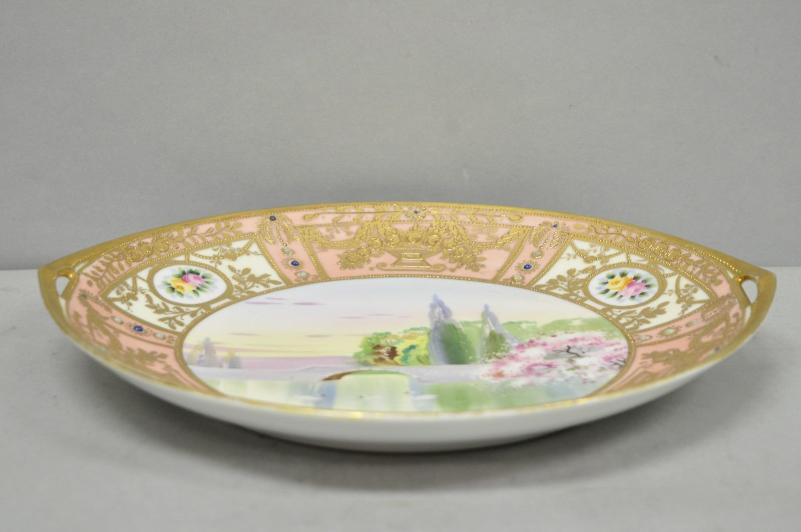Antique Nippon Hand Painted Porcelain Gold Gilt Swan & Lake Scene Cabinet Plate
