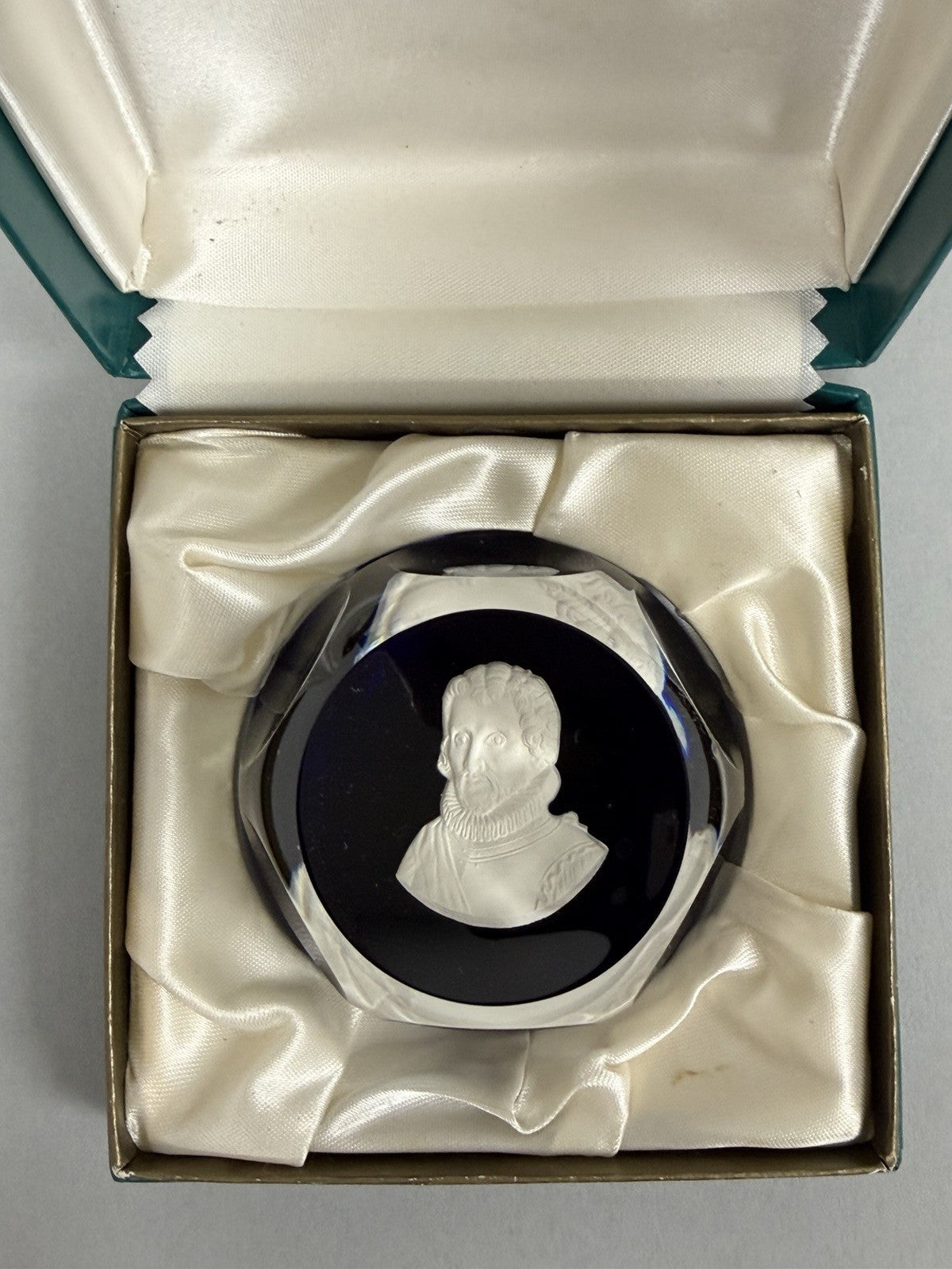 Cristal D'Albret France Christopher Columbus Sulphide Paperweight Faceted Blue