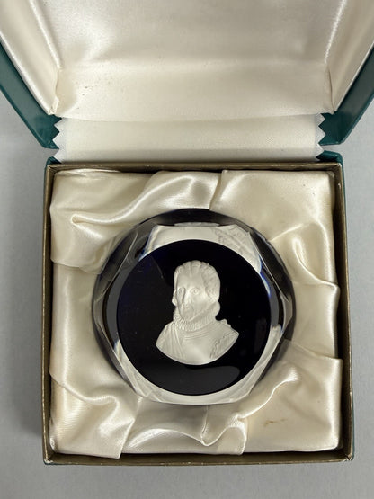 Cristal D'Albret France Christopher Columbus Sulphide Paperweight Faceted Blue