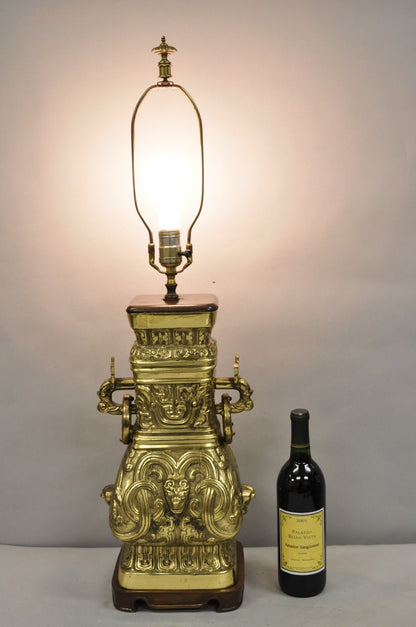 Vintage Chinese Figural Brass Bronze Wine Vessel Chinoiserie Hu Vase Table Lamp