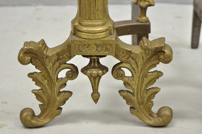 Antique French Empire Style Bronze Corinthian Column Fireplace Andirons - a Pair
