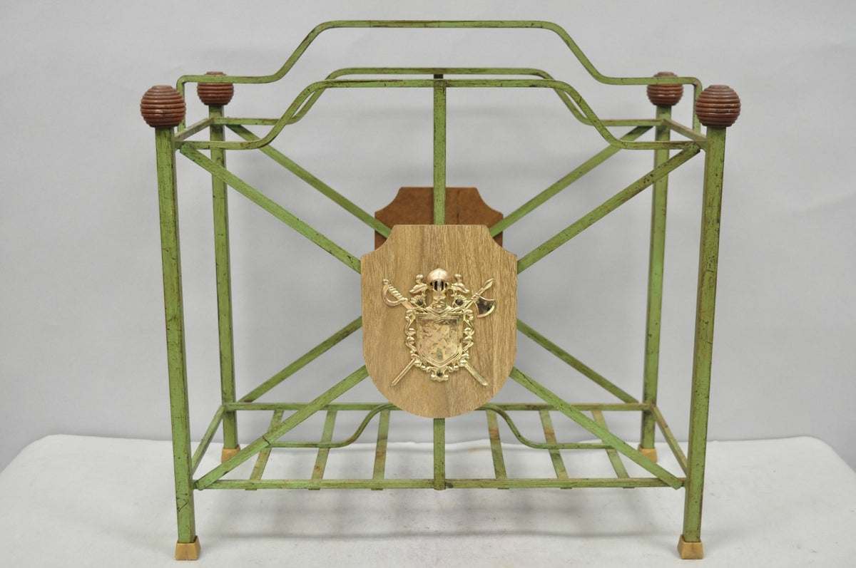 Vintage Italian Neoclassical Green Wrought Iron Book Magazine Rack w/ Shield