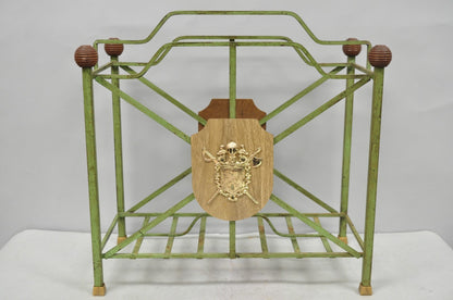 Vintage Italian Neoclassical Green Wrought Iron Book Magazine Rack w/ Shield