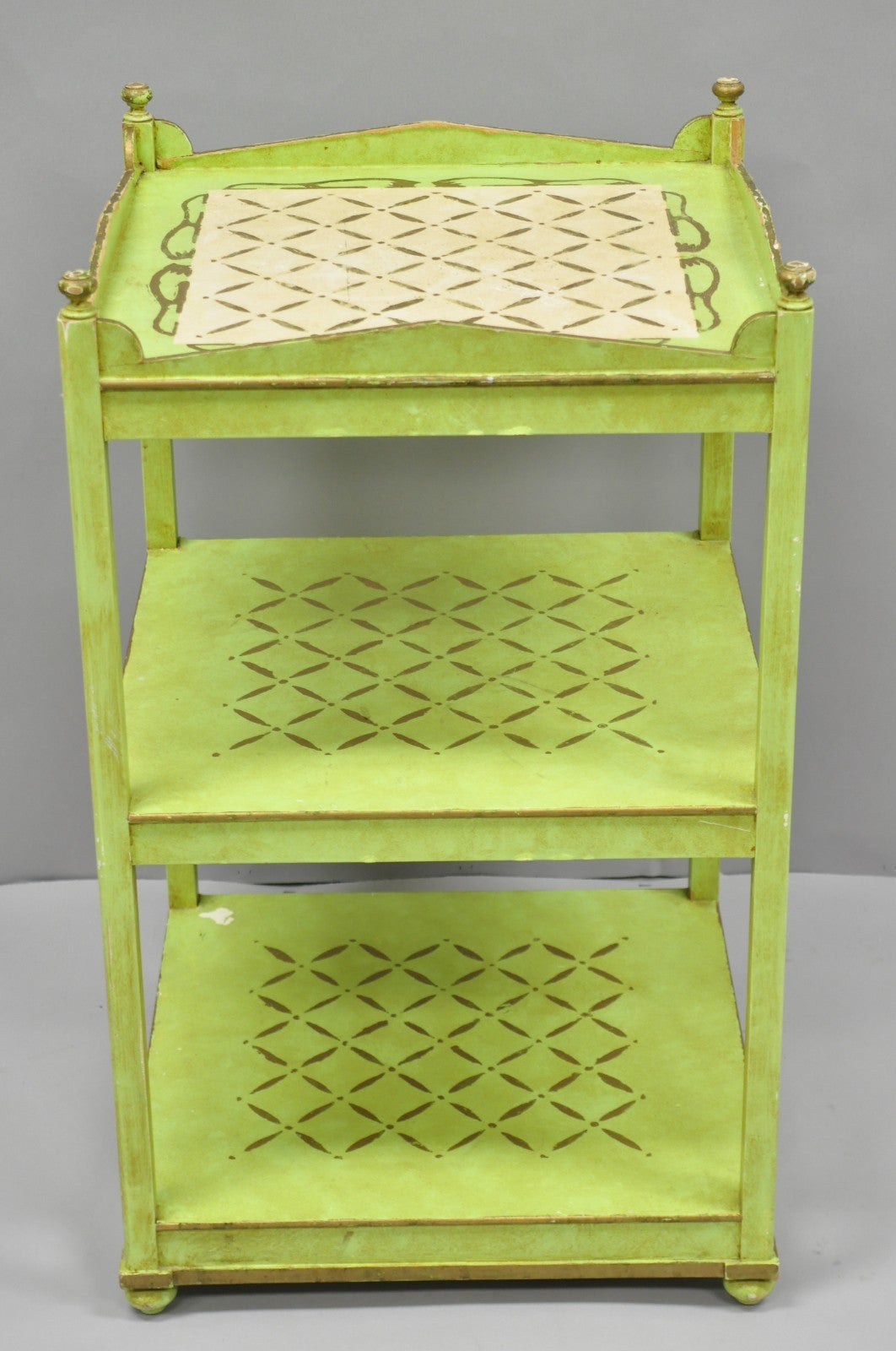 Vintage Italian Venetian Green Distress Painted 3 Tier French Country Side Table