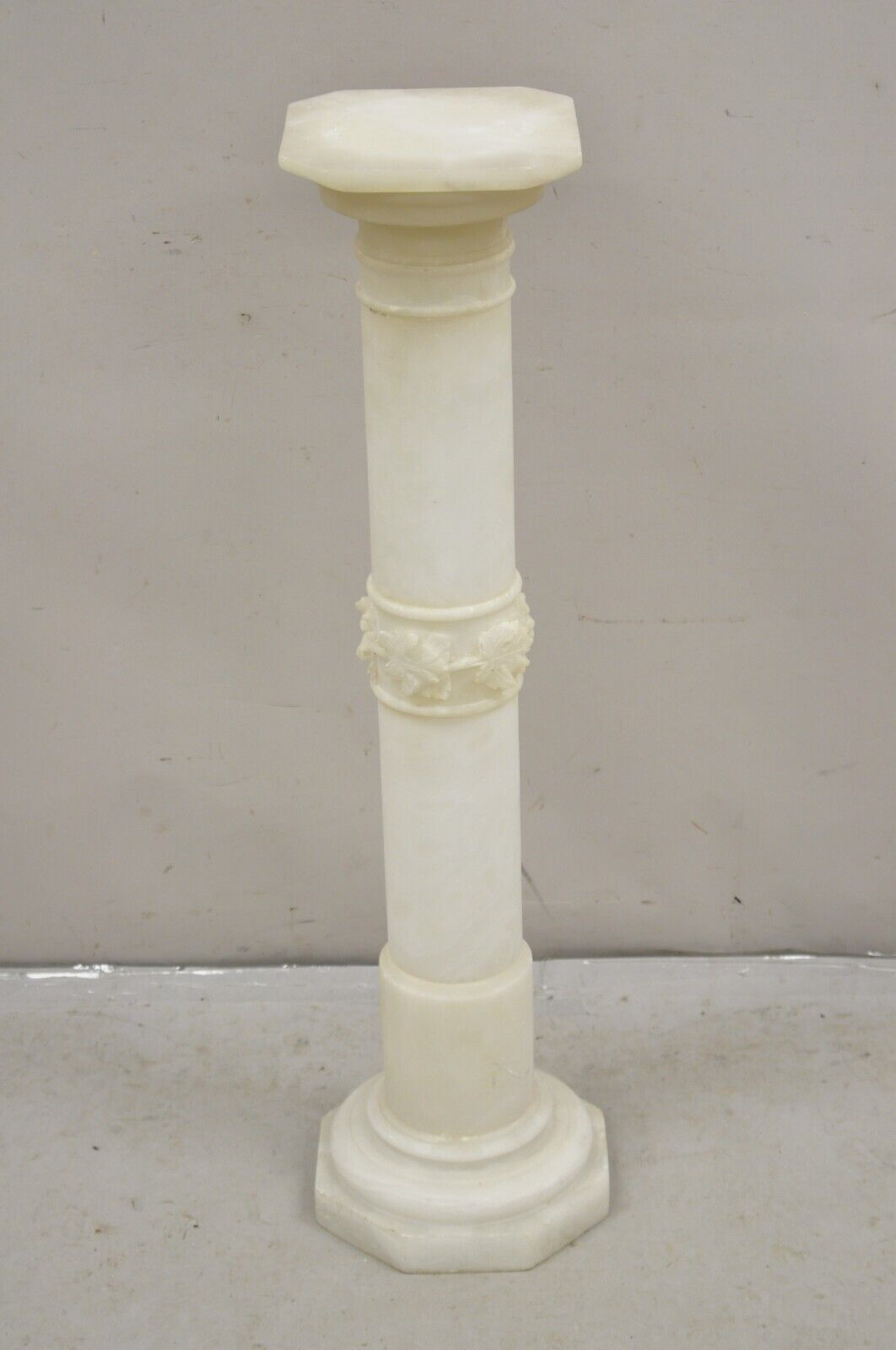 Antique Italian Carved Alabaster Maple Leaf Classical Pedestal Column Stand