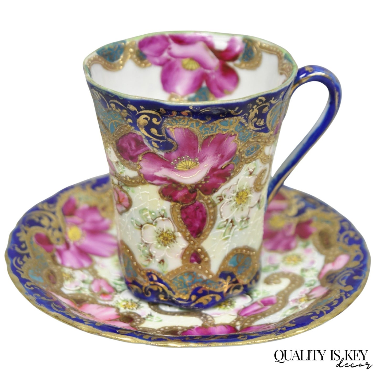 Antique Victorian Teacup & Saucer Cobalt Blue & Roses w/ Draped Gold Trim
