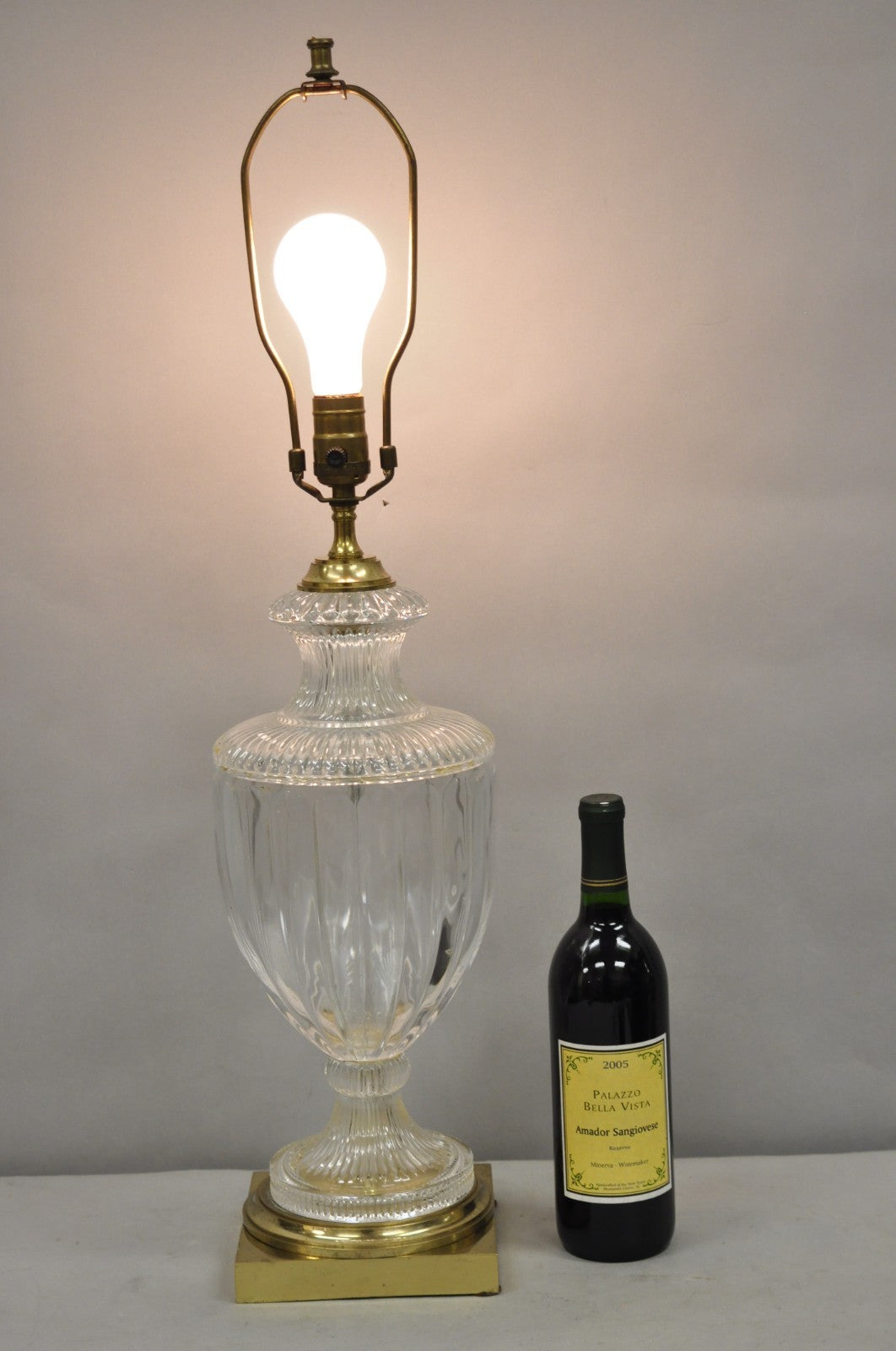 Vintage French Empire Neoclassical Faceted Crystal Glass Urn Brass Table Lamp