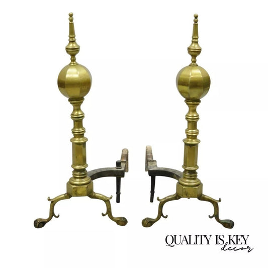 Antique Federal Faceted Brass Cannonball Branch Foot Cast Iron Andirons - a Pair
