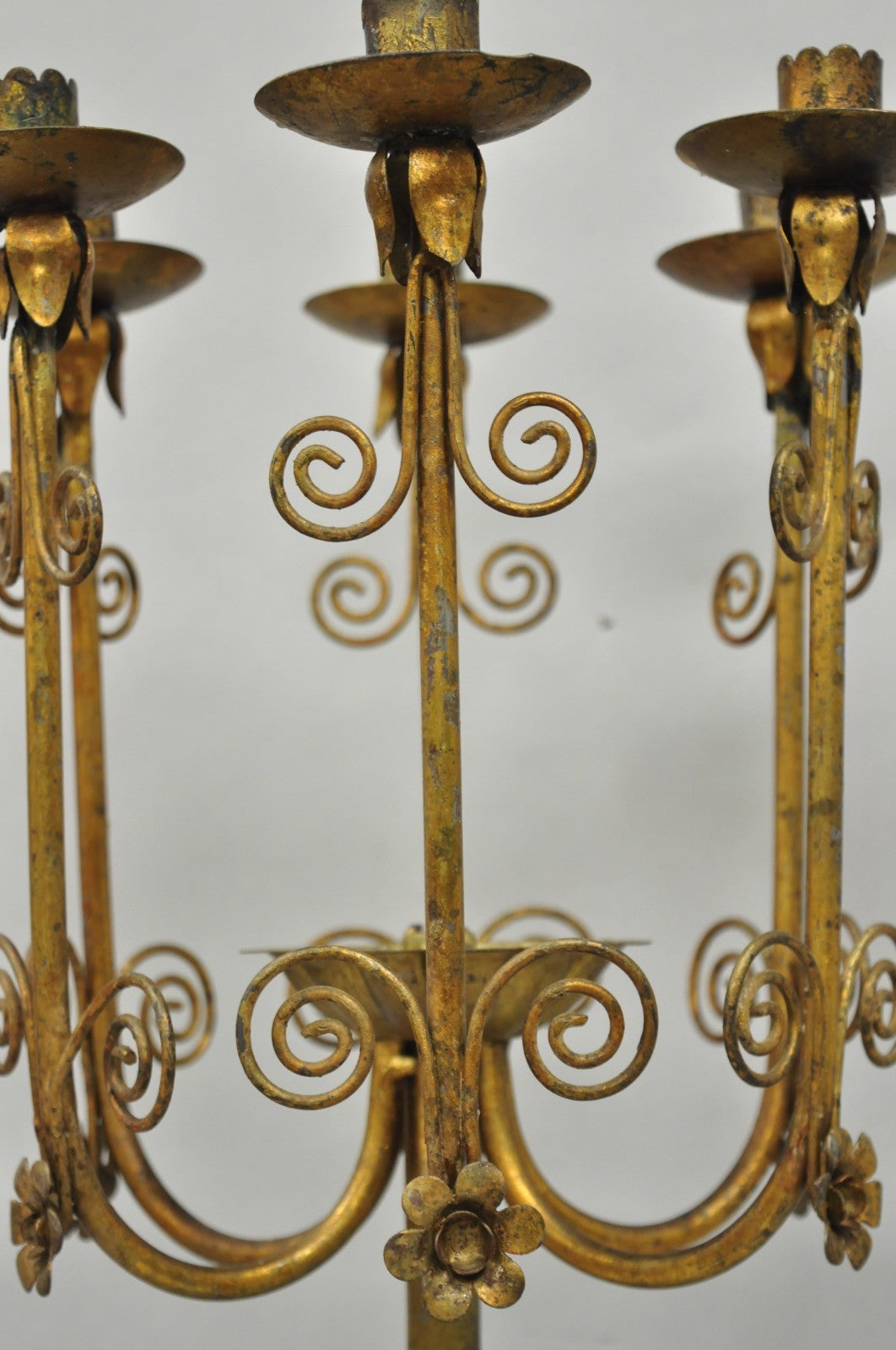 Vintage Italian Hollywood Regency Gold Gilt Iron Scrolling 6 Arm Candelabra