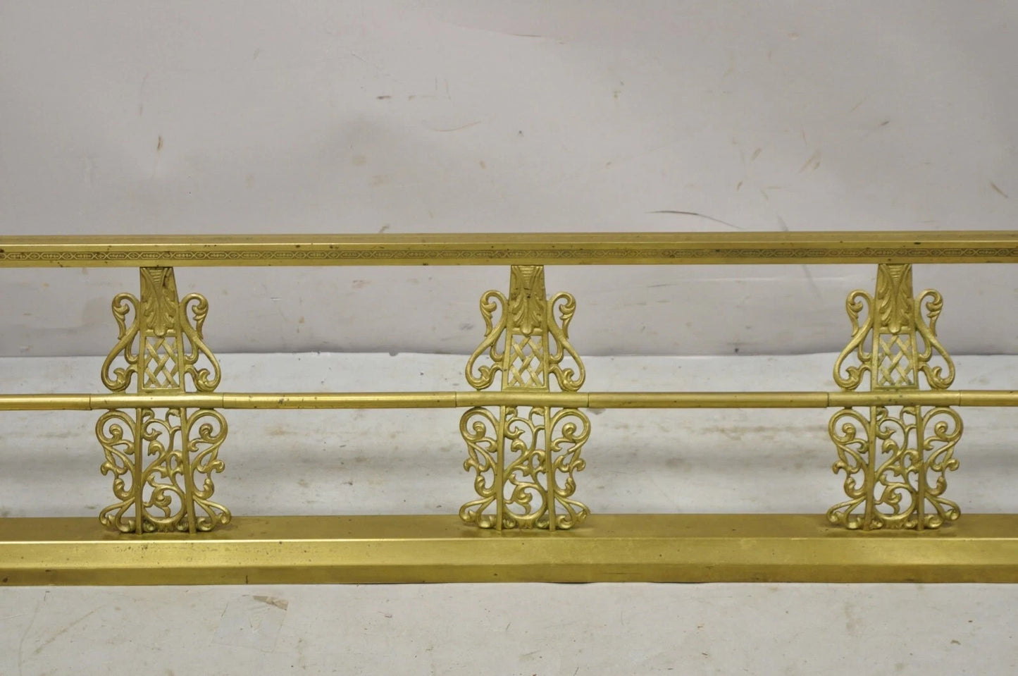 Antique Victorian Brass Scroll Accented 58" Fireplace Hearth Fender Surround