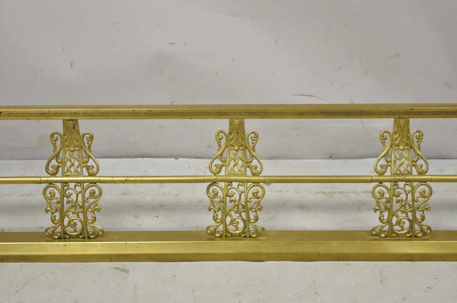 Antique Victorian Brass Scroll Accented 58" Fireplace Hearth Fender Surround