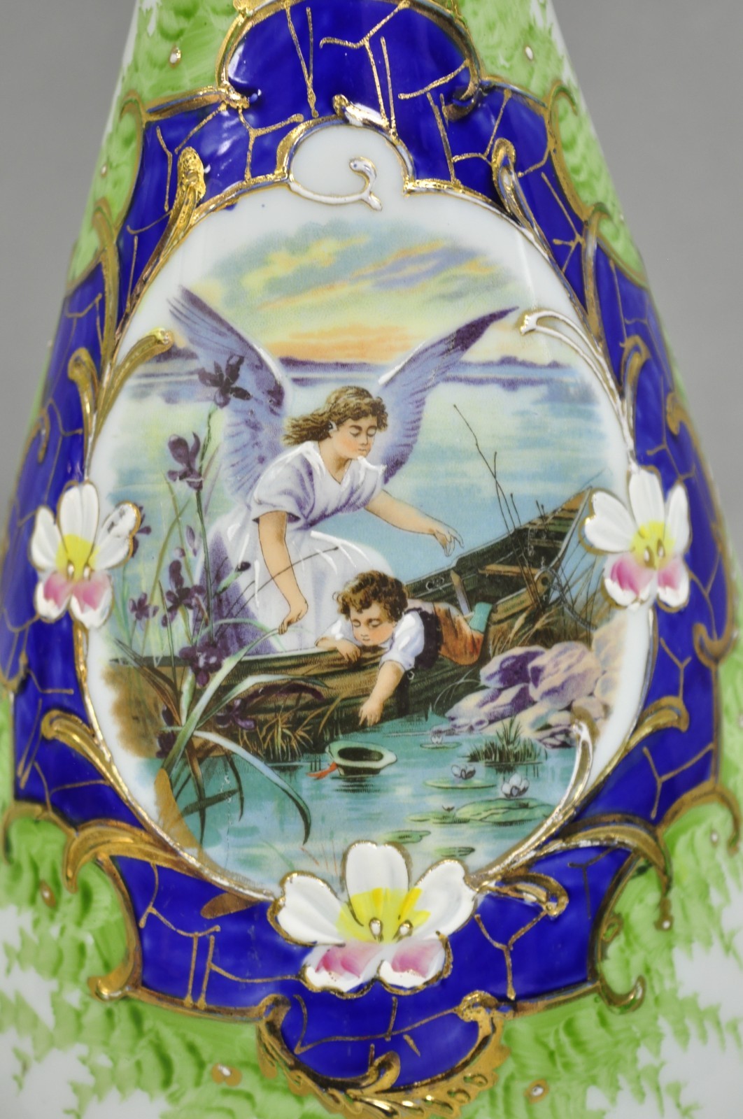 Antique Victorian French Hand Painted Angel and Child Glass Table Lamps - a Pair