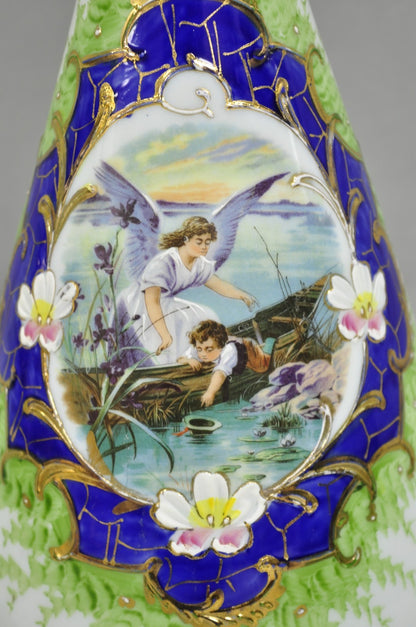 Antique Victorian French Hand Painted Angel and Child Glass Table Lamps - a Pair