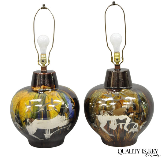 Mid Century Modern Ram Brown Drip Glaze Pottery Table Lamps by Sunset Cosco Pair