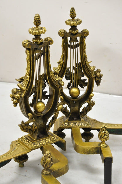 Antique French Empire Neoclassical Bronze Figural Lyre Harp Andirons - a Pair