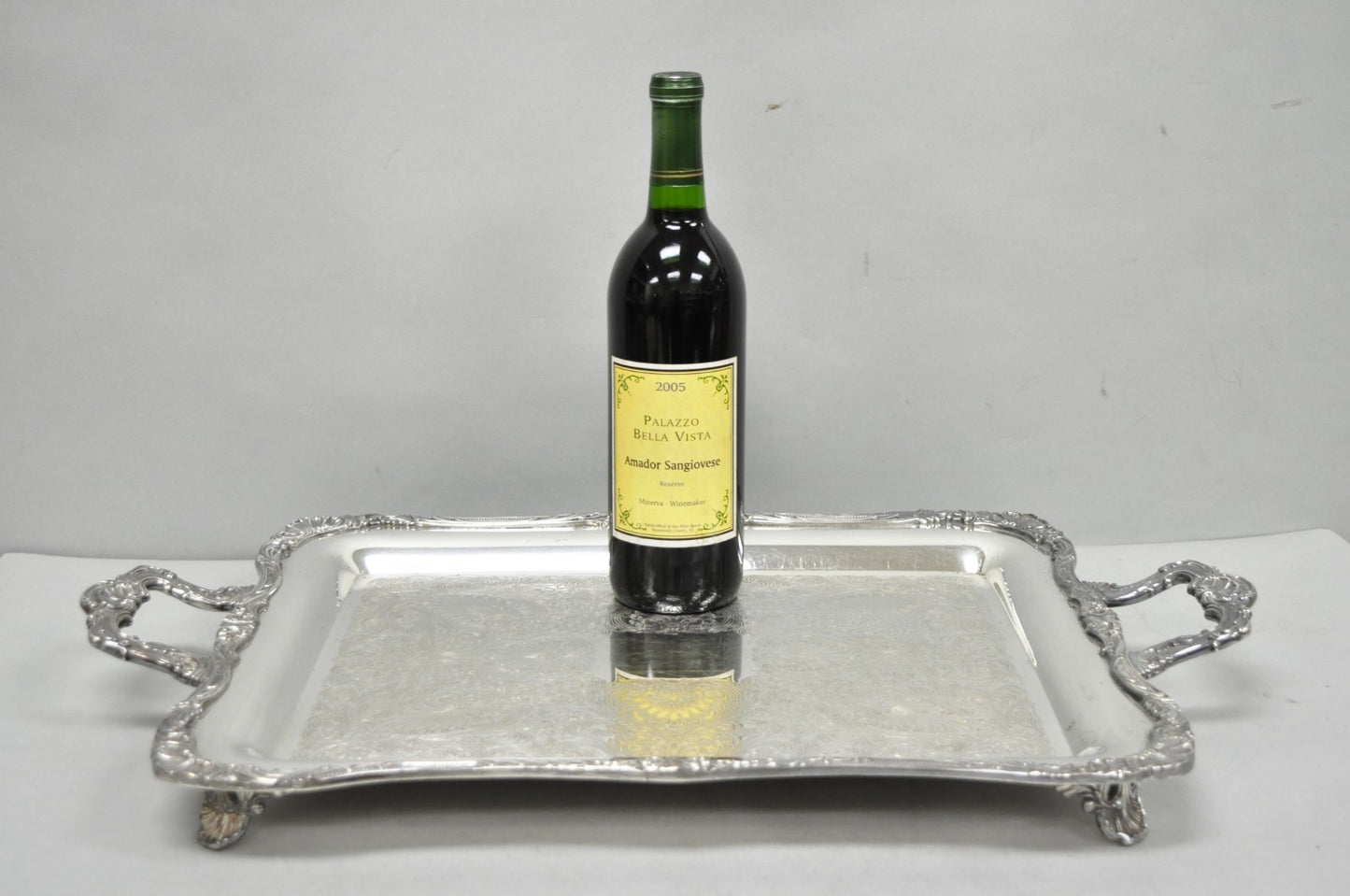 Vintage WM Rogers 290 Silver Plated Twin Handle Footed Bar Serving Platter Tray