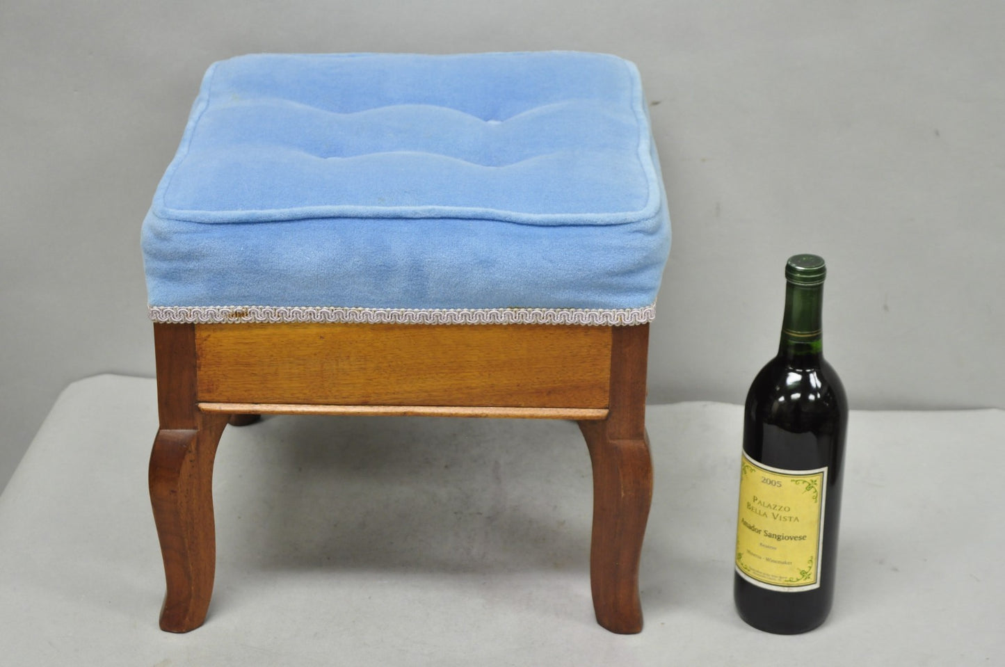 Antique Victorian Walnut Cabriole Leg Blue Tufted Footstool Ottoman Stool