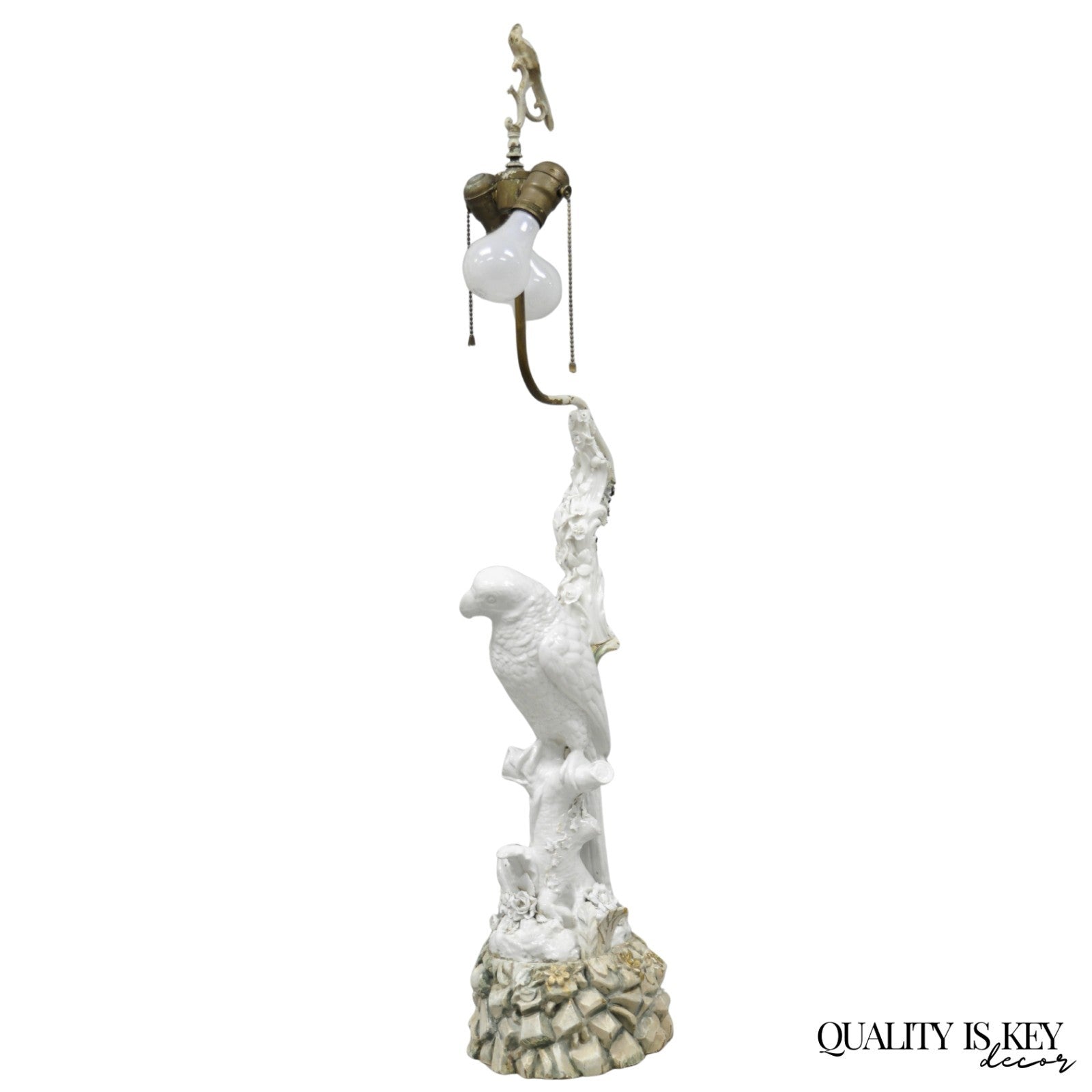 Antique Italian Blanc de Chine White Porcelain Perched Parrot Bird Table Lamp