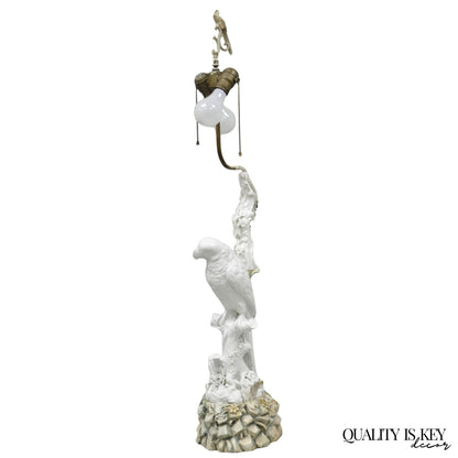 Antique Italian Blanc de Chine White Porcelain Perched Parrot Bird Table Lamp