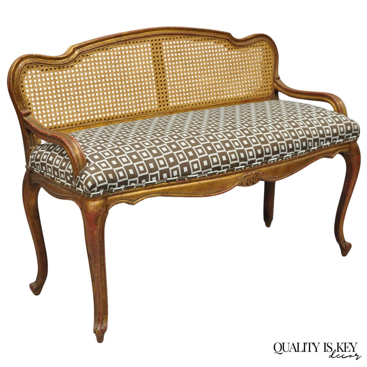 Vintage French Louis XV Style Distressed Gold Gilt Cane Back Vanity Bench Seat