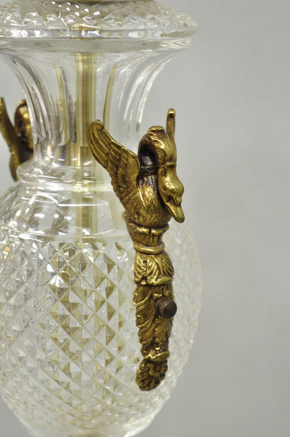 French Empire Regency Baccarat Style Glass Crystal Urn Table Lamp w/ Brass Swans