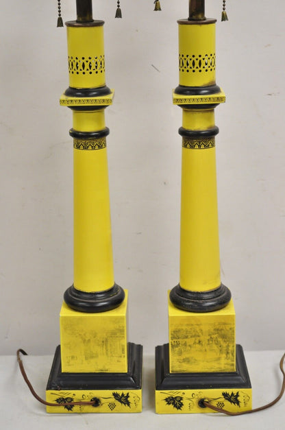 Antique Italian Regency Yellow Painted French Tole Metal Column Table Lamp Pair