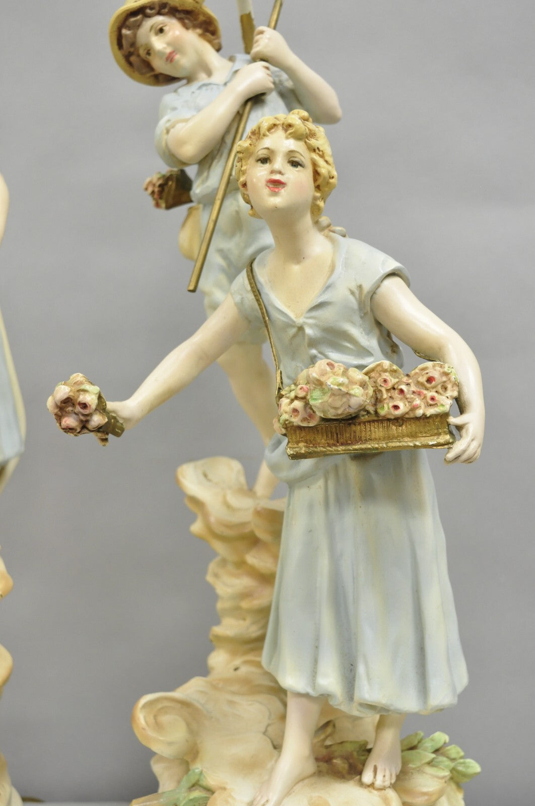 Antique L&F Moreau Victorian Painted Spelter Metal Figural Table Lamps - a Pair