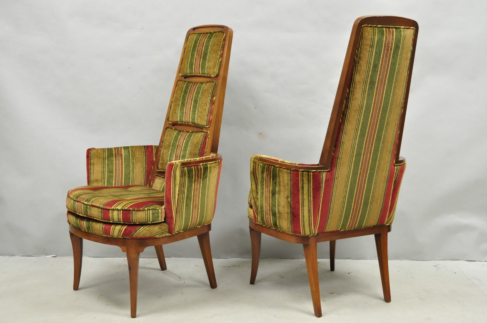 Vintage Mid Century Modern Walnut Panel Back Sculptural Lounge Arm Chairs - Pair