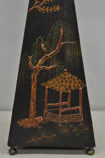 Castillian Imports Chinoiserie Black Lacquer Oriental Painted Obelisk Pyramid
